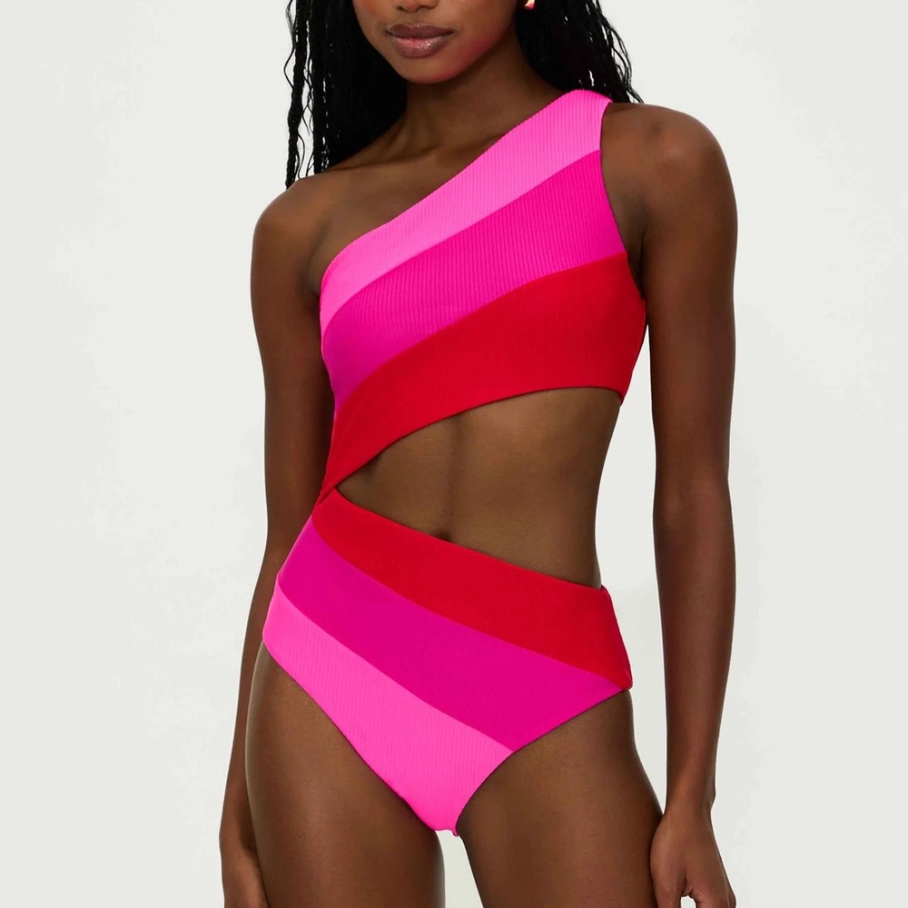 Beach Riot Pink and Red One-Shoulder Cutout One-Piece Swimsuit